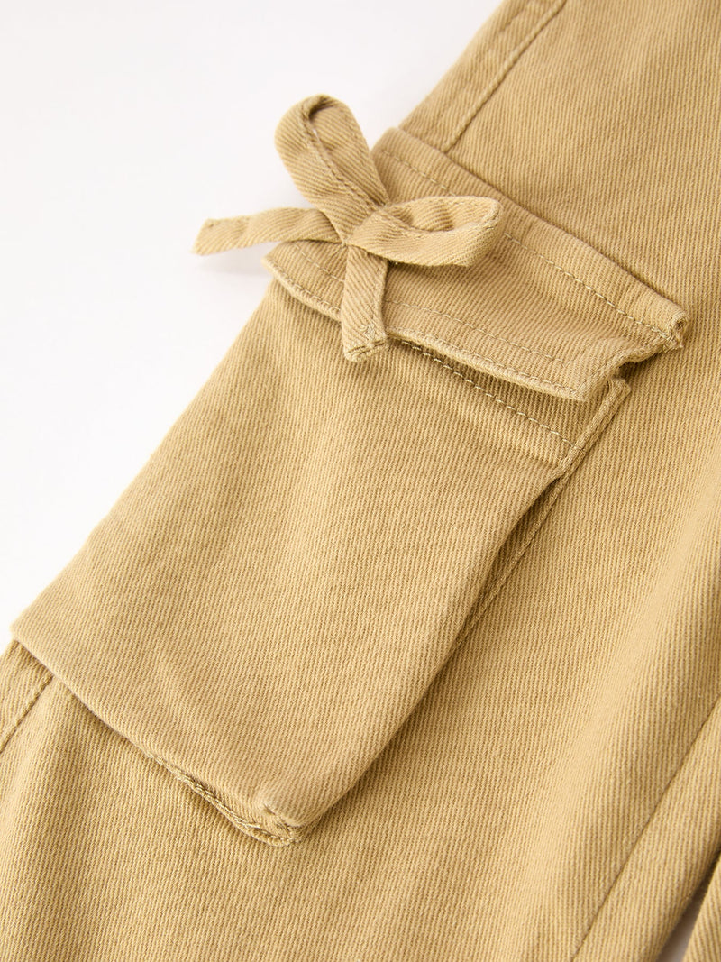 Girls Solid Cargo Leggings Side Bow Pocket Wide Leg Pants - 4
