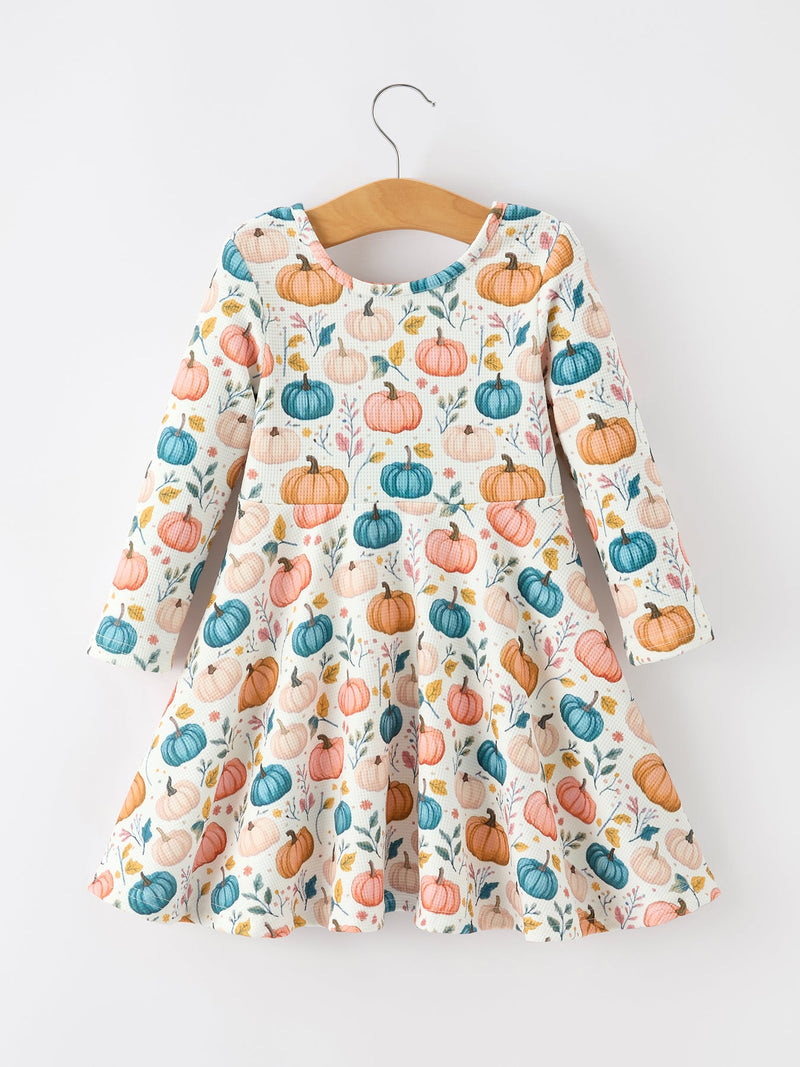 Fall Colorful Pumpkin Girls' Long-Sleeved Dress - 2