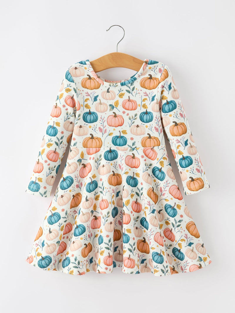 Fall Colorful Pumpkin Girls' Long-Sleeved Dress - 1