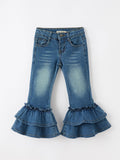 Girls Denim Leggings Ruffle Bell Bottom Pants - 1