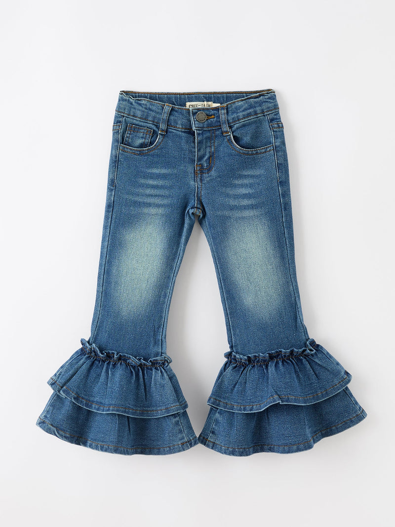 Girls Denim Leggings Ruffle Bell Bottom Pants - 1