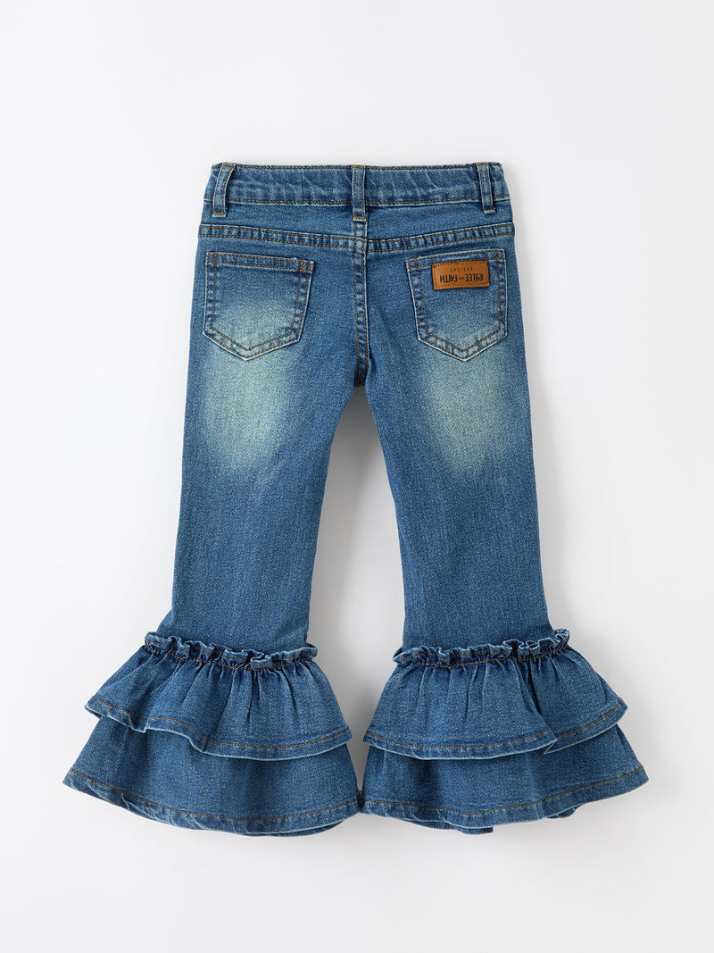 Girls Denim Leggings Ruffle Bell Bottom Pants - 2