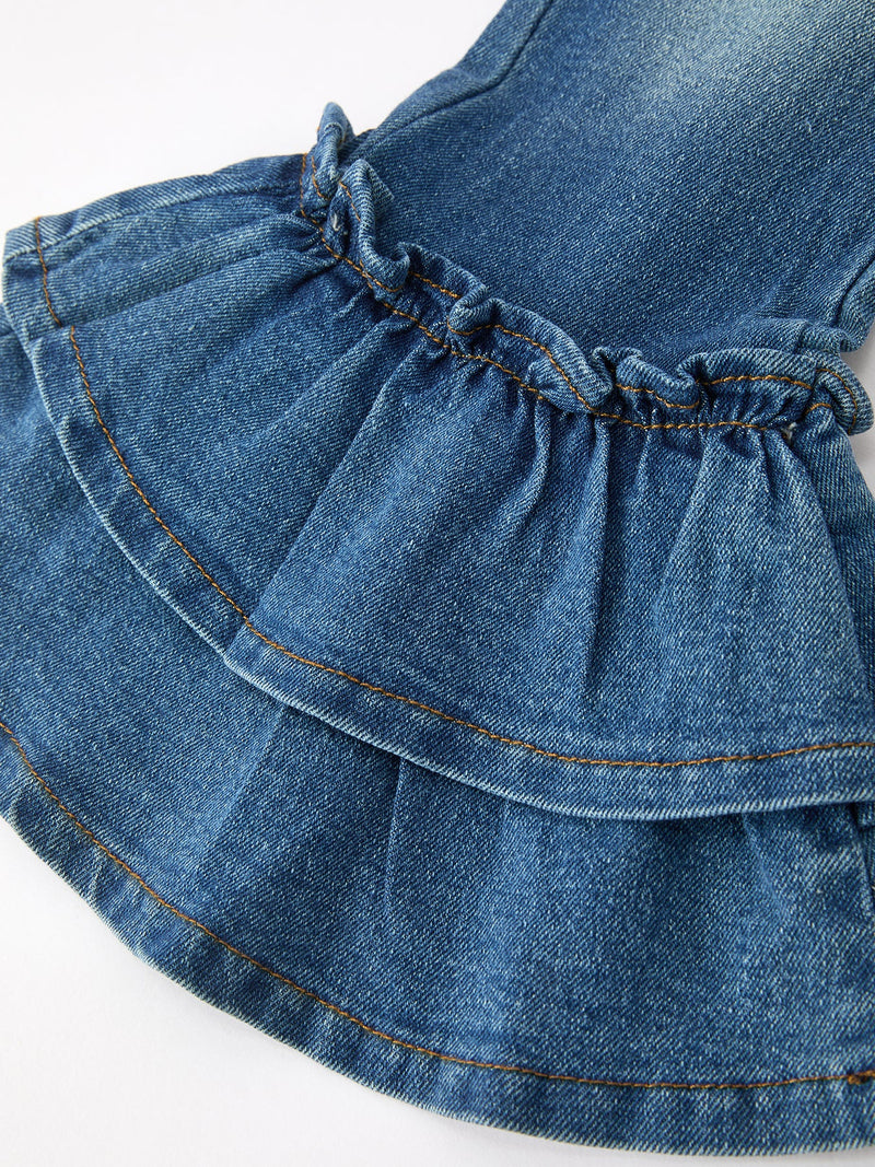 Girls Denim Leggings Ruffle Bell Bottom Pants - 4