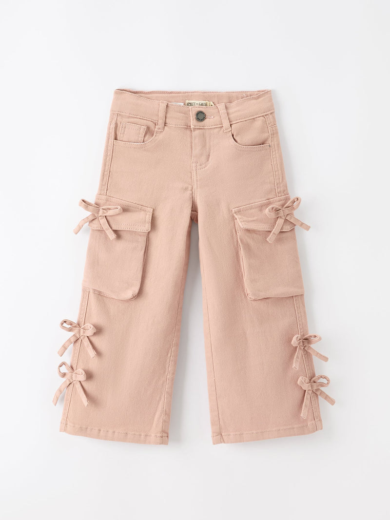 Girls Solid Cargo Leggings Side Bow Pocket Wide Leg Pants - 6