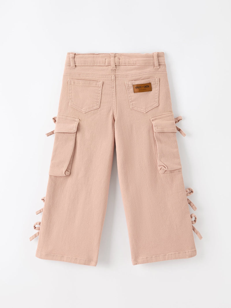 Girls Solid Cargo Leggings Side Bow Pocket Wide Leg Pants - 7
