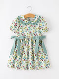 Green Floral Girls Dress Petal Collar Bow Waist Puff Sleeve Dress - 1