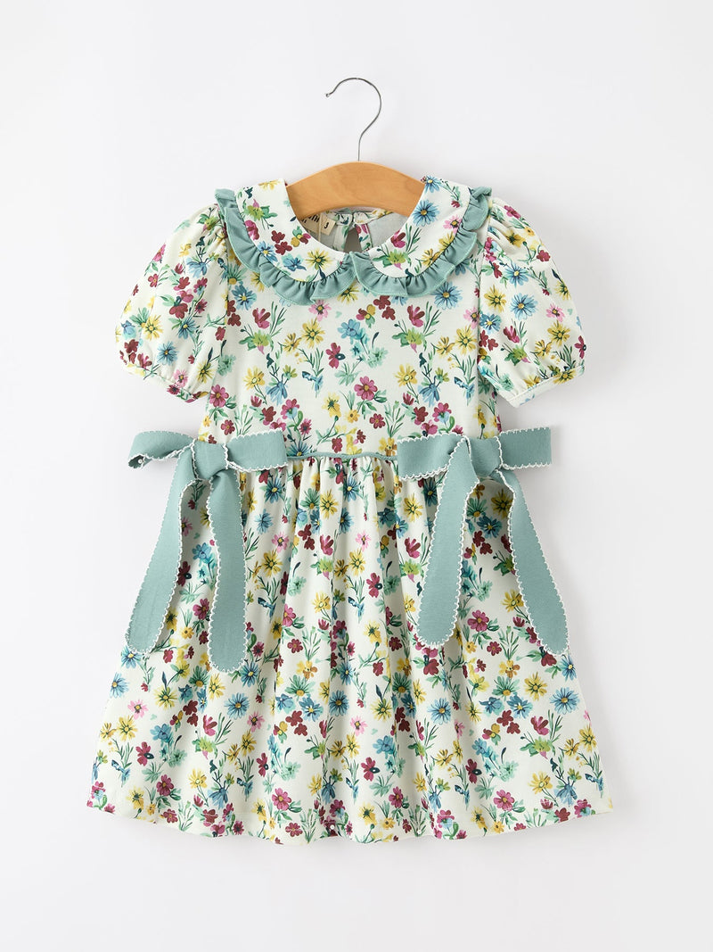 Green Floral Girls Dress Petal Collar Bow Waist Puff Sleeve Dress - 1