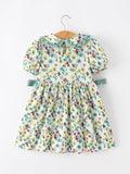 Green Floral Girls Dress Petal Collar Bow Waist Puff Sleeve Dress - 2