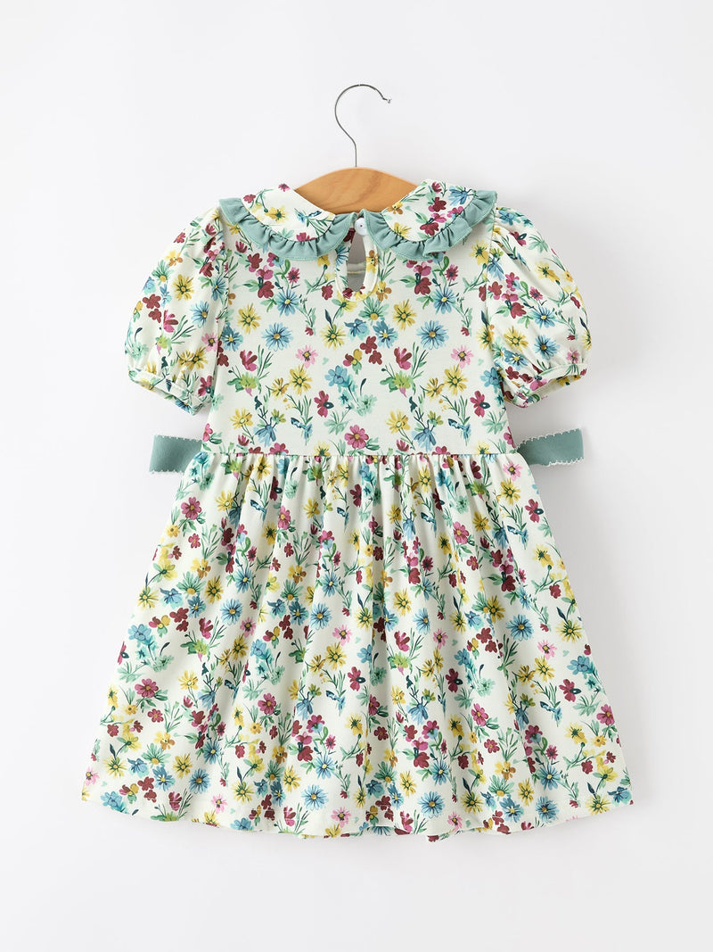 Green Floral Girls Dress Petal Collar Bow Waist Puff Sleeve Dress - 2