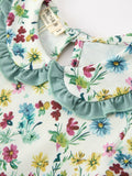 Green Floral Girls Dress Petal Collar Bow Waist Puff Sleeve Dress - 3