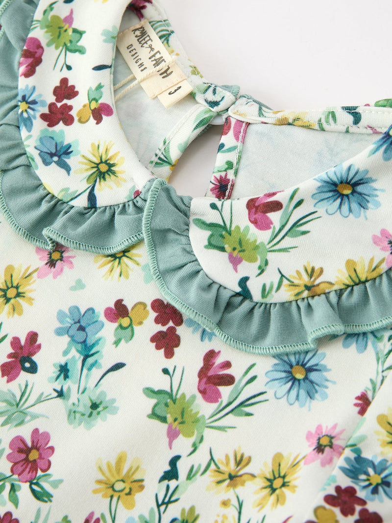 Green Floral Girls Dress Petal Collar Bow Waist Puff Sleeve Dress - 3