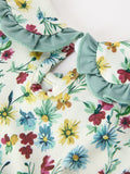 Green Floral Girls Dress Petal Collar Bow Waist Puff Sleeve Dress - 4