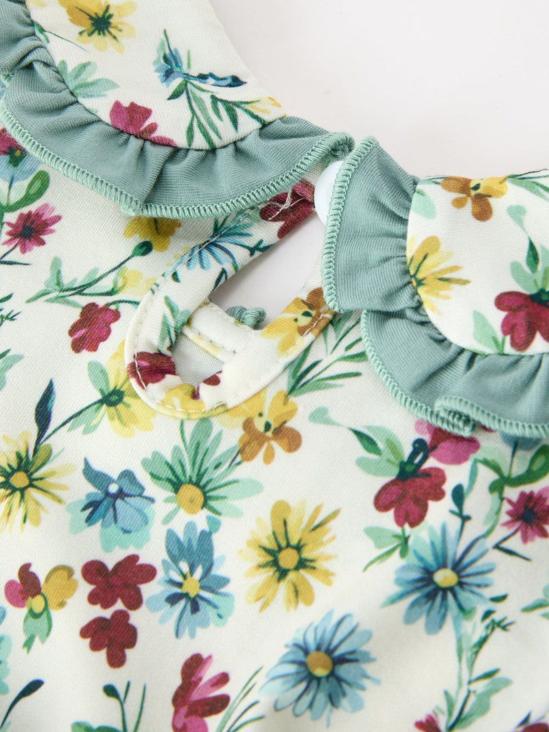 Green Floral Girls Dress Petal Collar Bow Waist Puff Sleeve Dress - 4