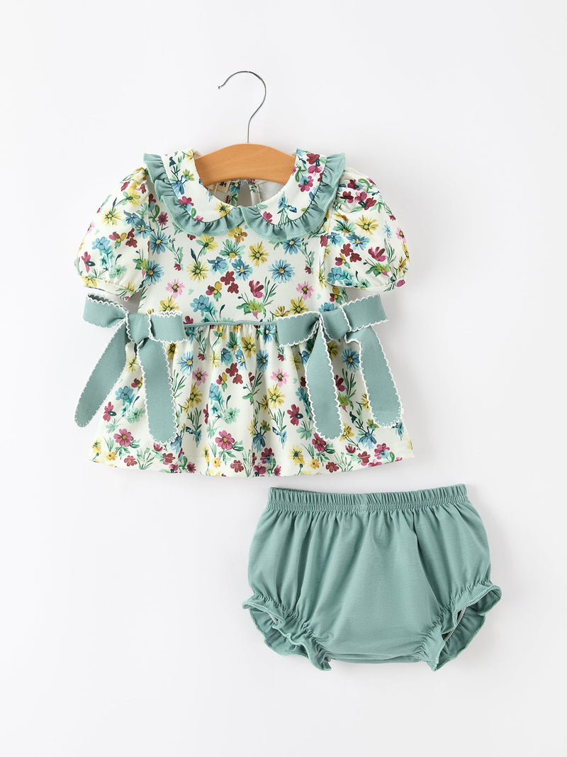 Green Floral Girls Outfit Set Ruffle Collar Bow Baby Bloomer Set - 1