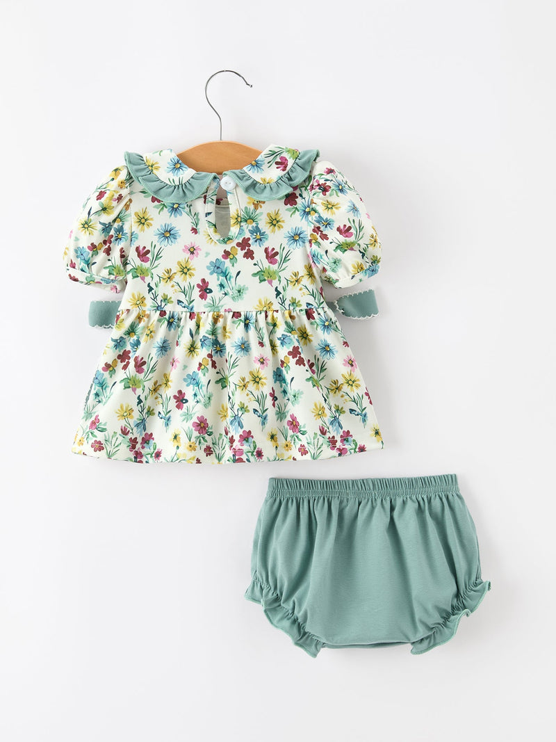 Green Floral Girls Outfit Set Ruffle Collar Bow Baby Bloomer Set - 2