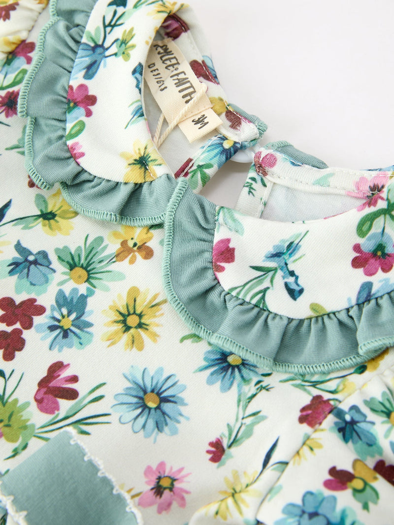 Green Floral Girls Outfit Set Ruffle Collar Bow Baby Bloomer Set - 3