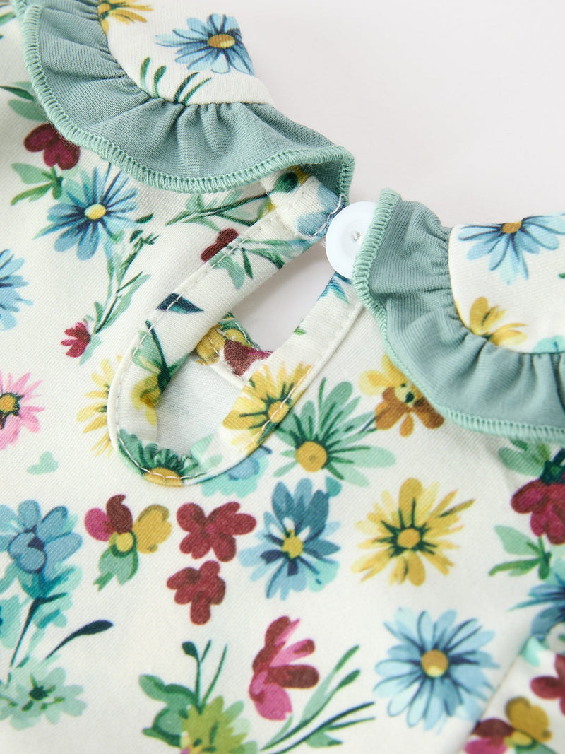 Green Floral Girls Outfit Set Ruffle Collar Bow Baby Bloomer Set - 4