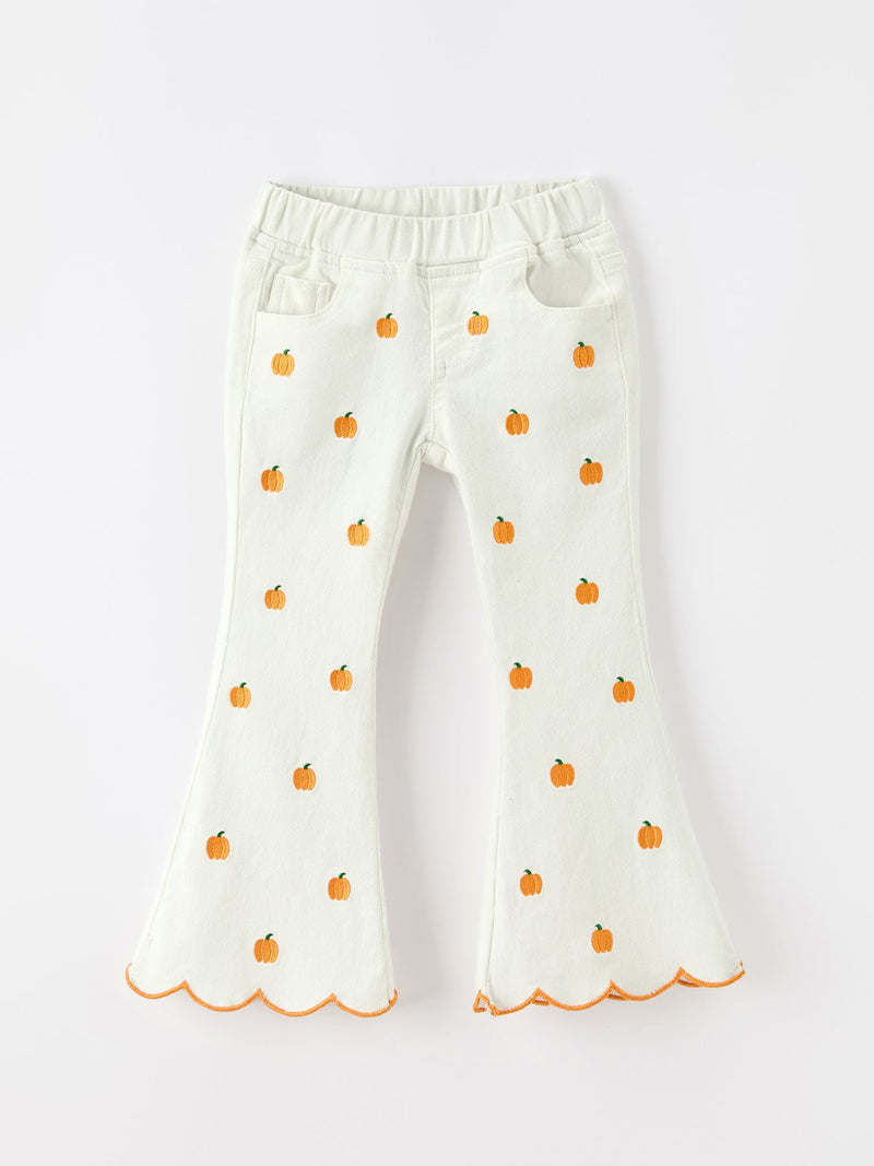 Girls Pumpkin Embroidered Wide-Leg Pants Fall Scallop Hem Casual Pants - 1