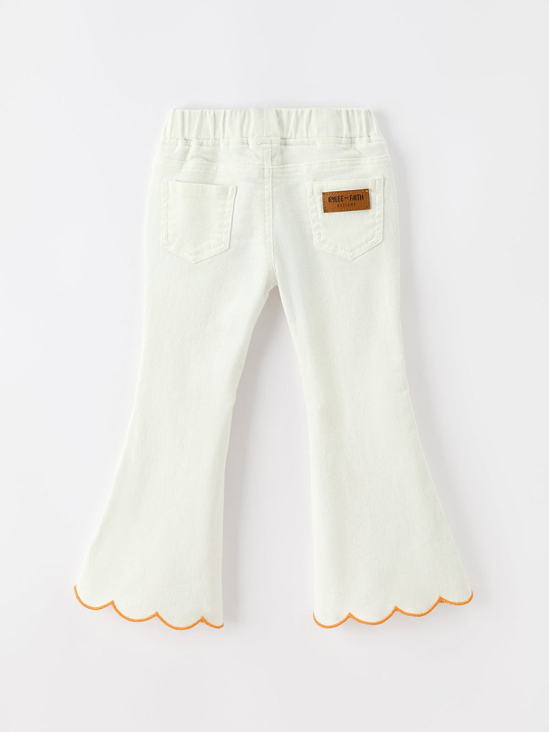 Girls Pumpkin Embroidered Wide-Leg Pants Fall Scallop Hem Casual Pants - 2