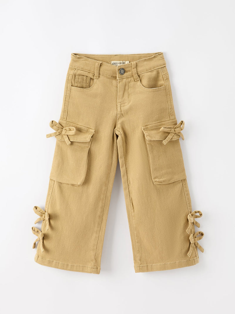 Girls Solid Cargo Leggings Side Bow Pocket Wide Leg Pants - 1