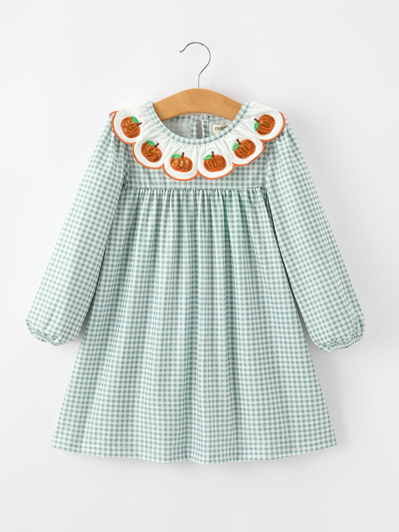 Halloween Thanksgiving Pumpkin Embroidery Girls Dress Peter Pan Collar - 1