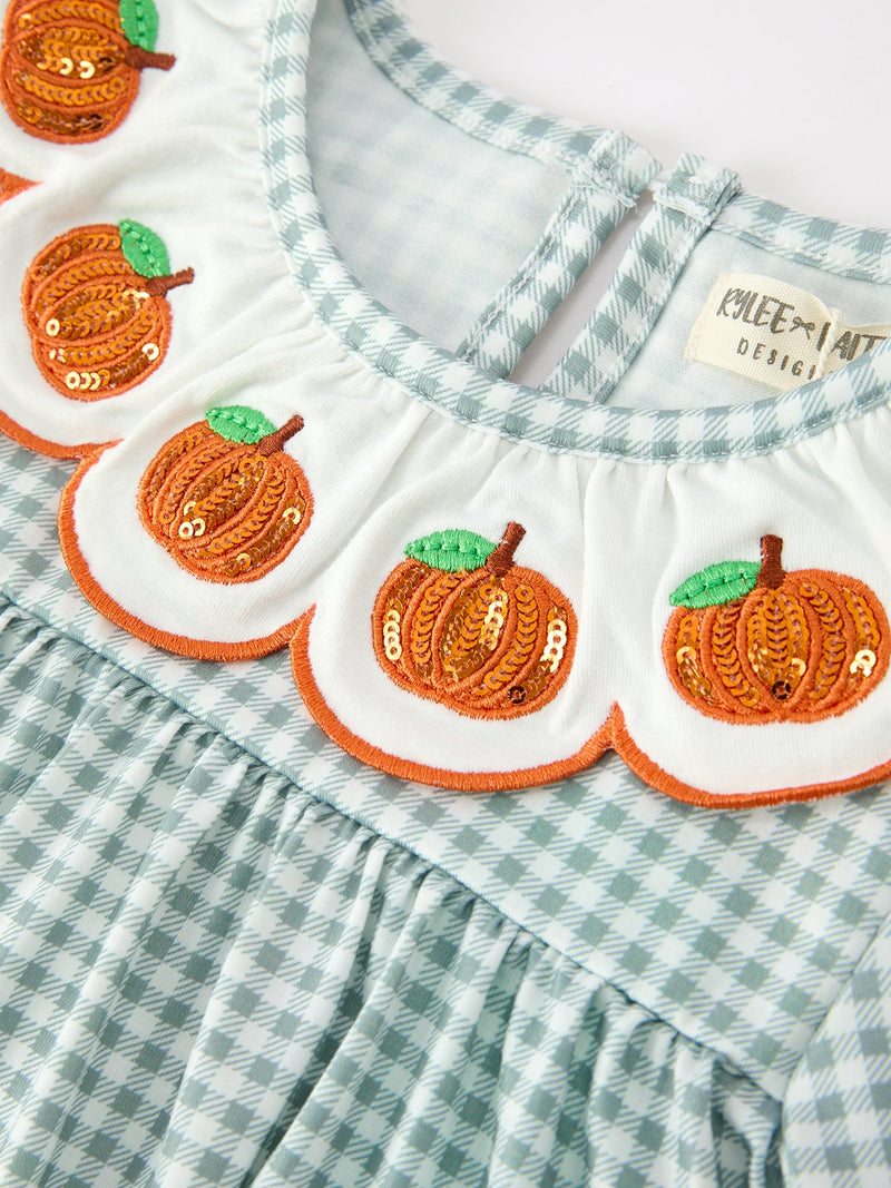 Halloween Thanksgiving Pumpkin Embroidery Girls Dress Peter Pan Collar - 3