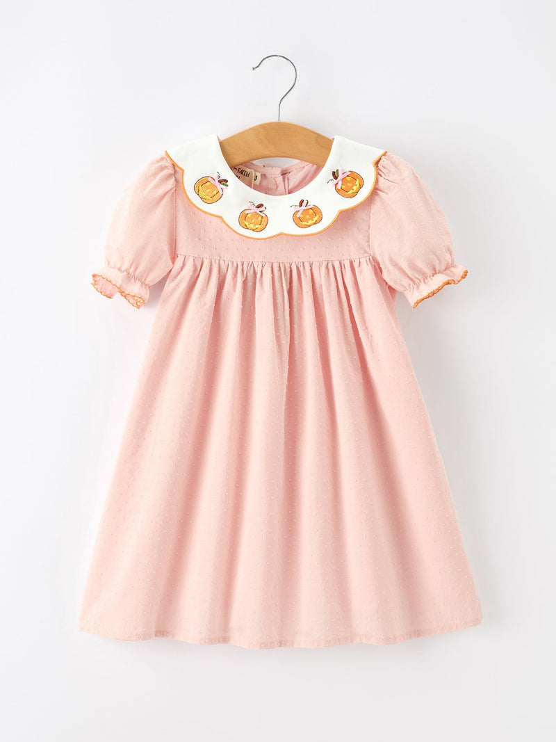 Halloween Pumpkin Applique Girls Puff Sleeve Dress - 1