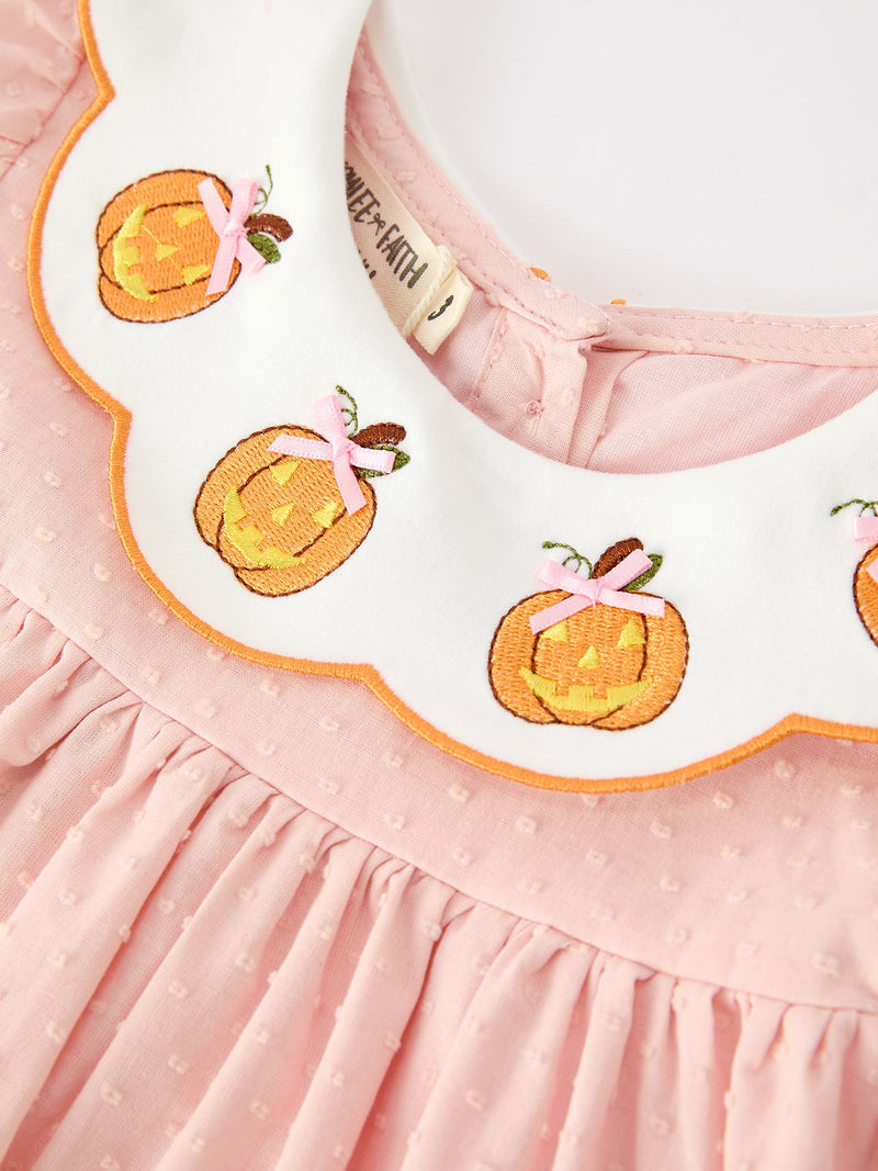 Halloween Pumpkin Applique Girls Puff Sleeve Dress - 3