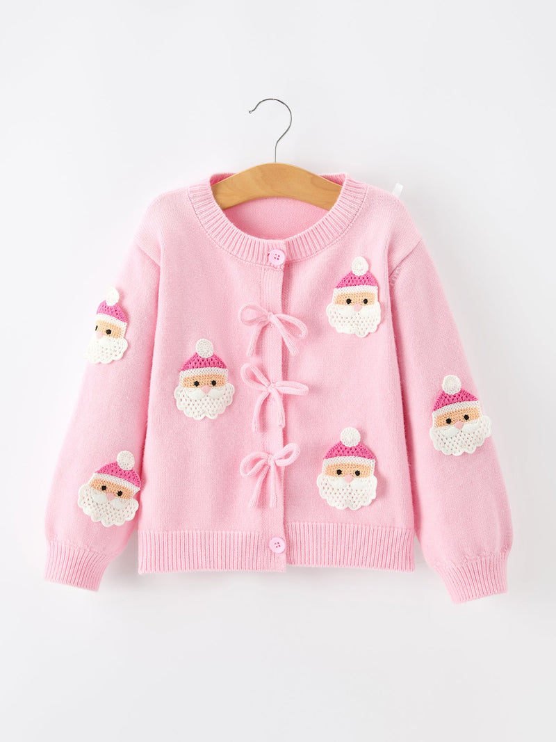 Baby Girl Christmas Pink Santa Bow Knit Cardigan Sweater - 1