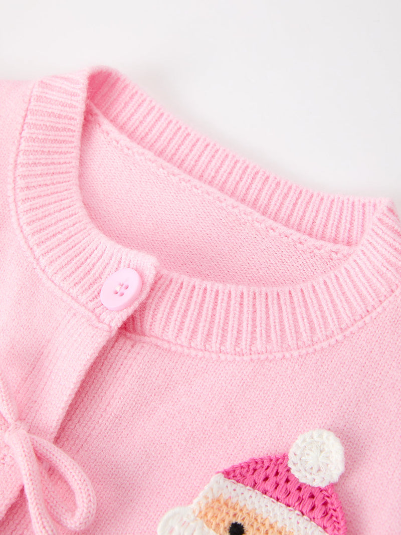 Baby Girl Christmas Pink Santa Bow Knit Cardigan Sweater - 3
