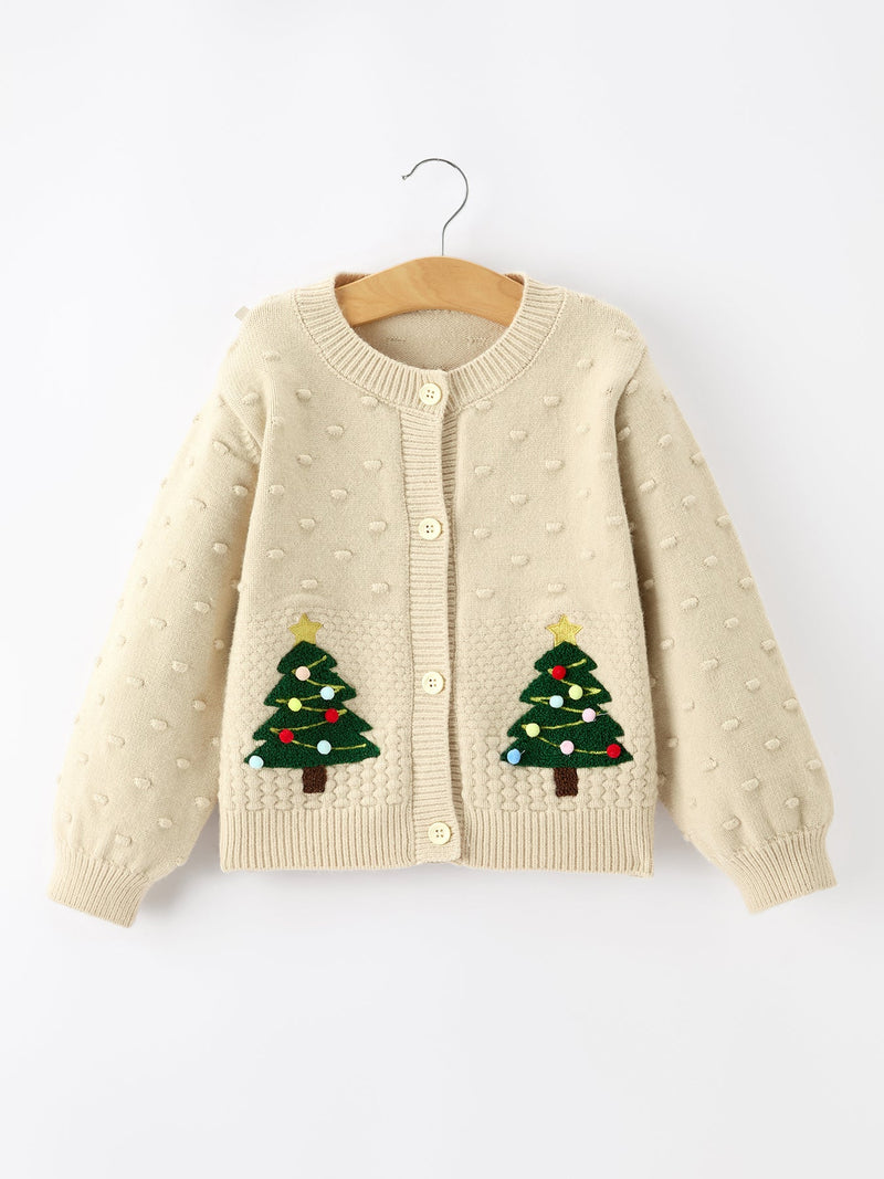 Christmas Tree Knit Cardigan Kids Holiday Sweater Button Front - 1