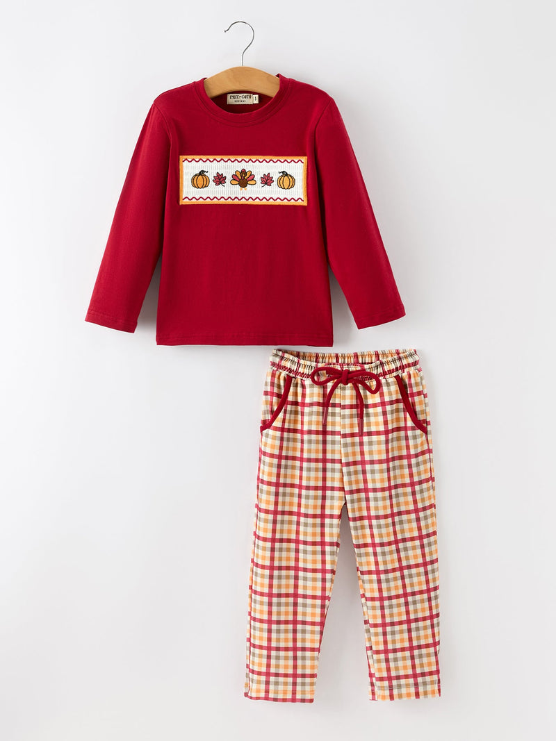 Boy Thanksgiving Pumpkin Turkey Maple Leaf Outfit Set - 1