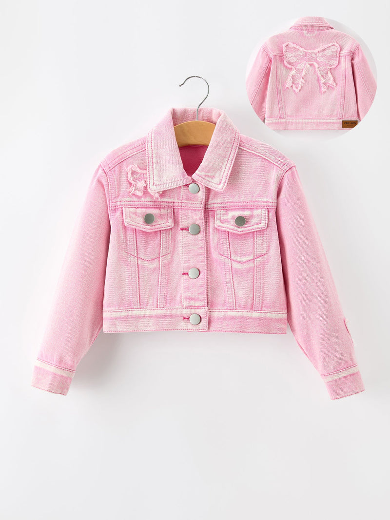 Girls Pink Denim Jacket with Lace Bow Back Detail - 1