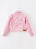Girls Pink Denim Jacket with Lace Bow Back Detail - 3
