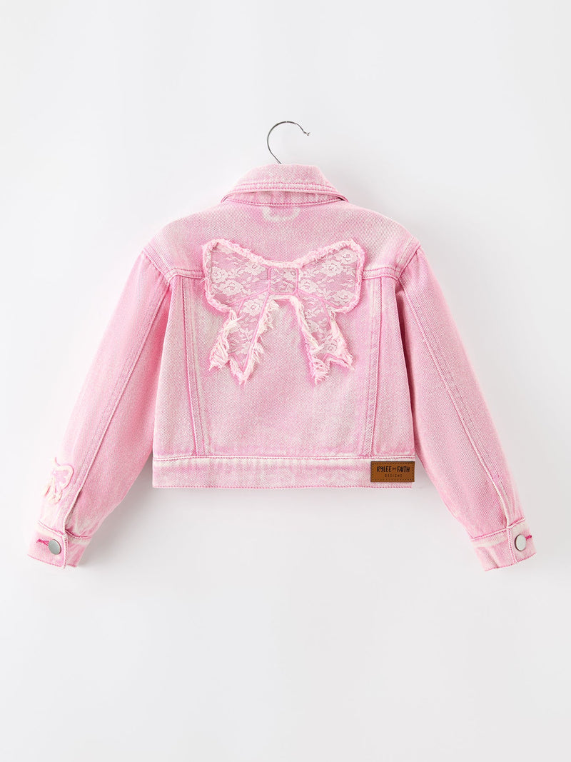 Girls Pink Denim Jacket with Lace Bow Back Detail - 3