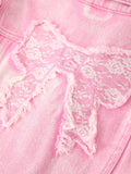Girls Pink Denim Jacket with Lace Bow Back Detail - 5