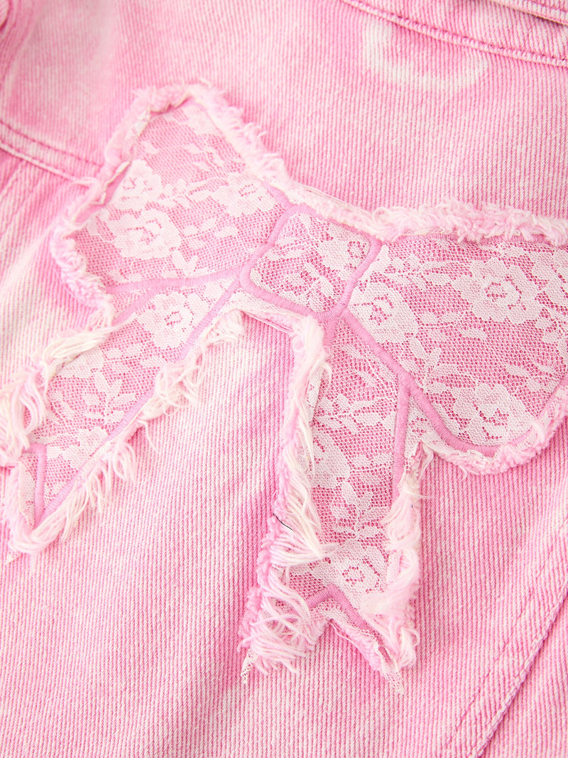 Girls Pink Denim Jacket with Lace Bow Back Detail - 5