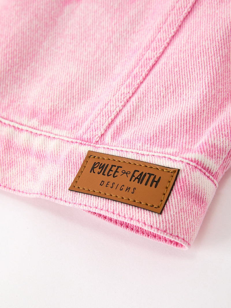 Girls Pink Denim Jacket with Lace Bow Back Detail - 6