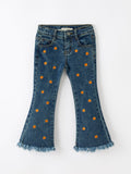 Girls Pumpkin Embroidered Flare Jeans Fall Denim Pants with Fringe Hem - 1