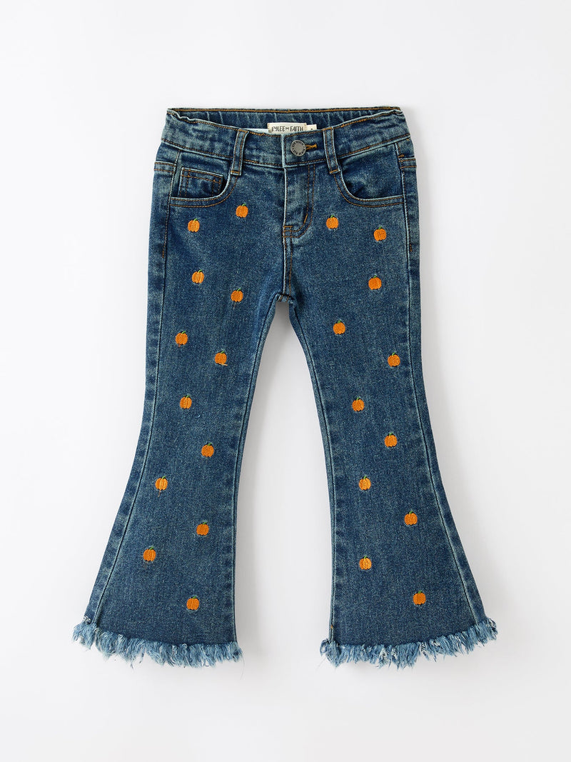 Girls Pumpkin Embroidered Flare Jeans Fall Denim Pants with Fringe Hem - 1