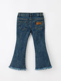 Girls Pumpkin Embroidered Flare Jeans Fall Denim Pants with Fringe Hem - 2