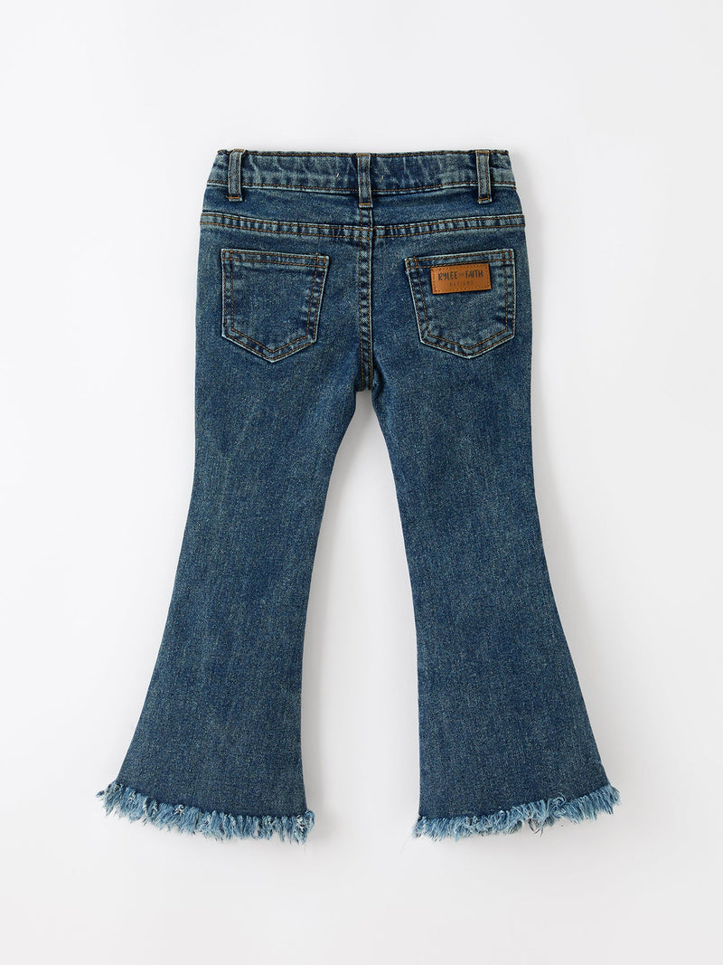 Girls Pumpkin Embroidered Flare Jeans Fall Denim Pants with Fringe Hem - 2