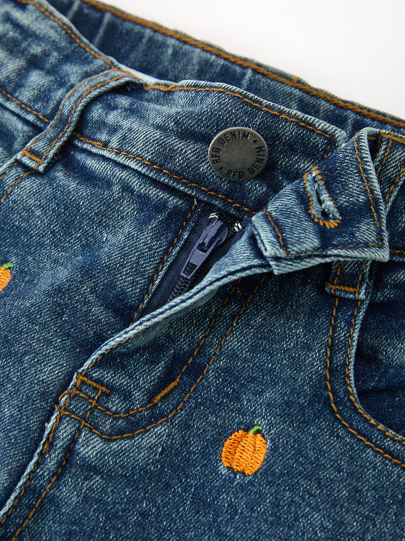 Girls Pumpkin Embroidered Flare Jeans Fall Denim Pants with Fringe Hem - 3