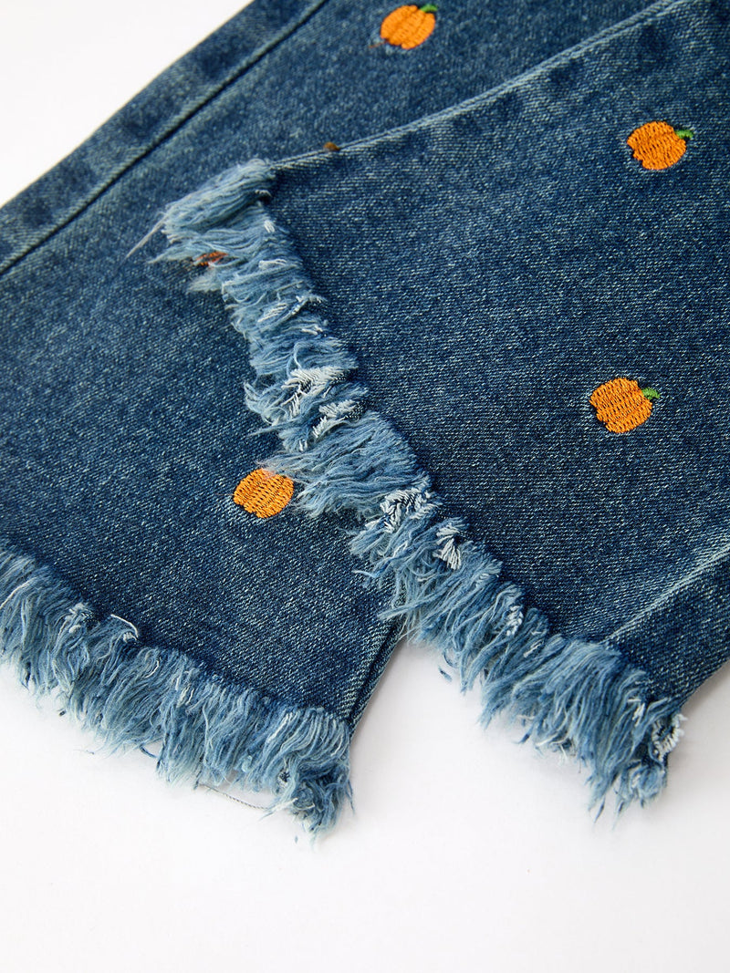 Girls Pumpkin Embroidered Flare Jeans Fall Denim Pants with Fringe Hem - 4