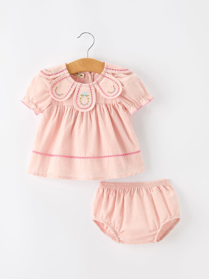 Fall Baby Girl Pink Peter Pan Collar Embroidered Bloomer Set - 1