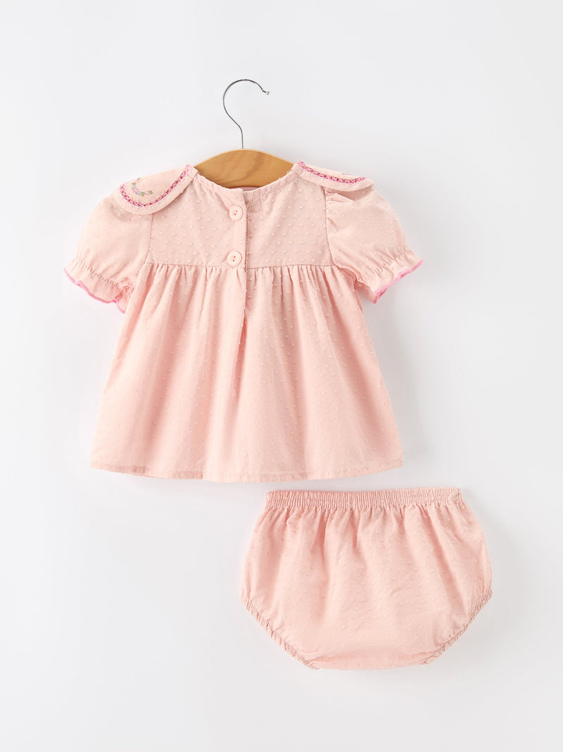 Fall Baby Girl Pink Peter Pan Collar Embroidered Bloomer Set - 2