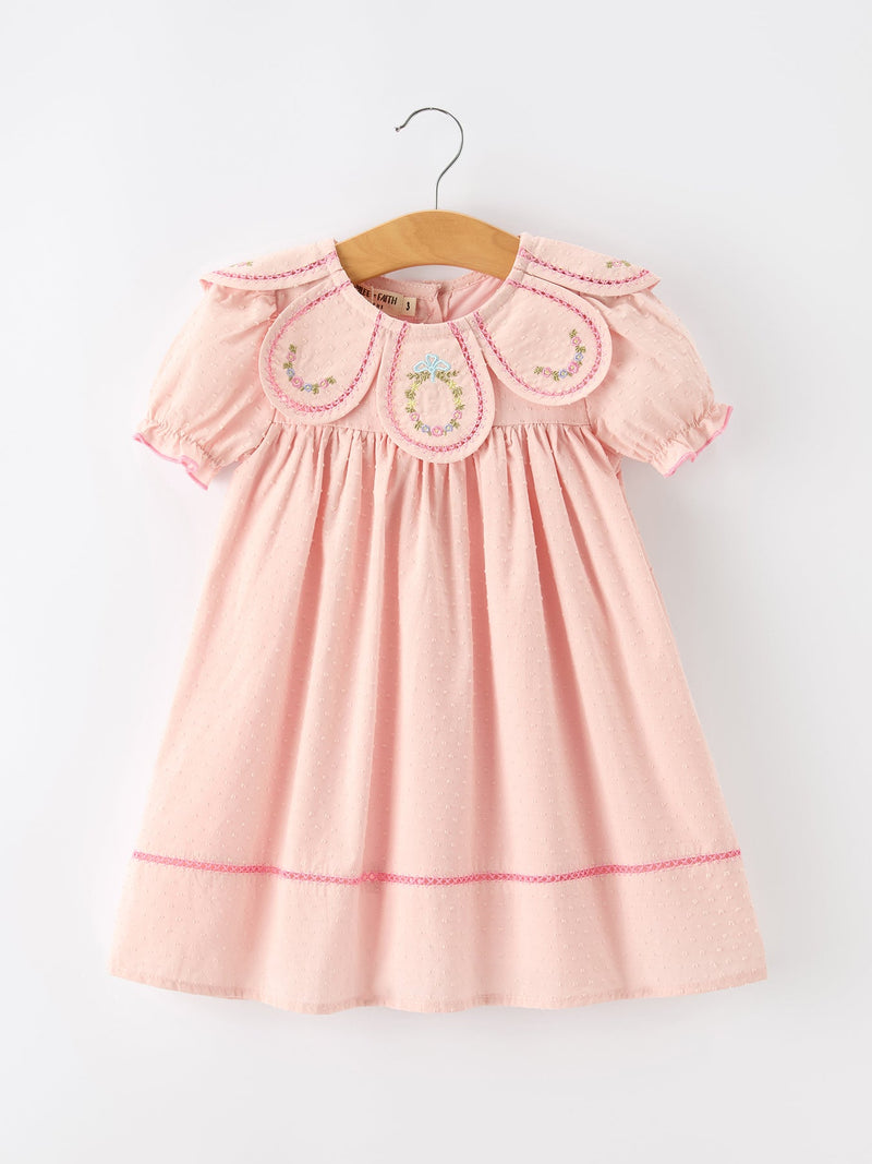 Fall Baby Girl Pink Floral Embroidered Peter Pan Collar Dress - 1