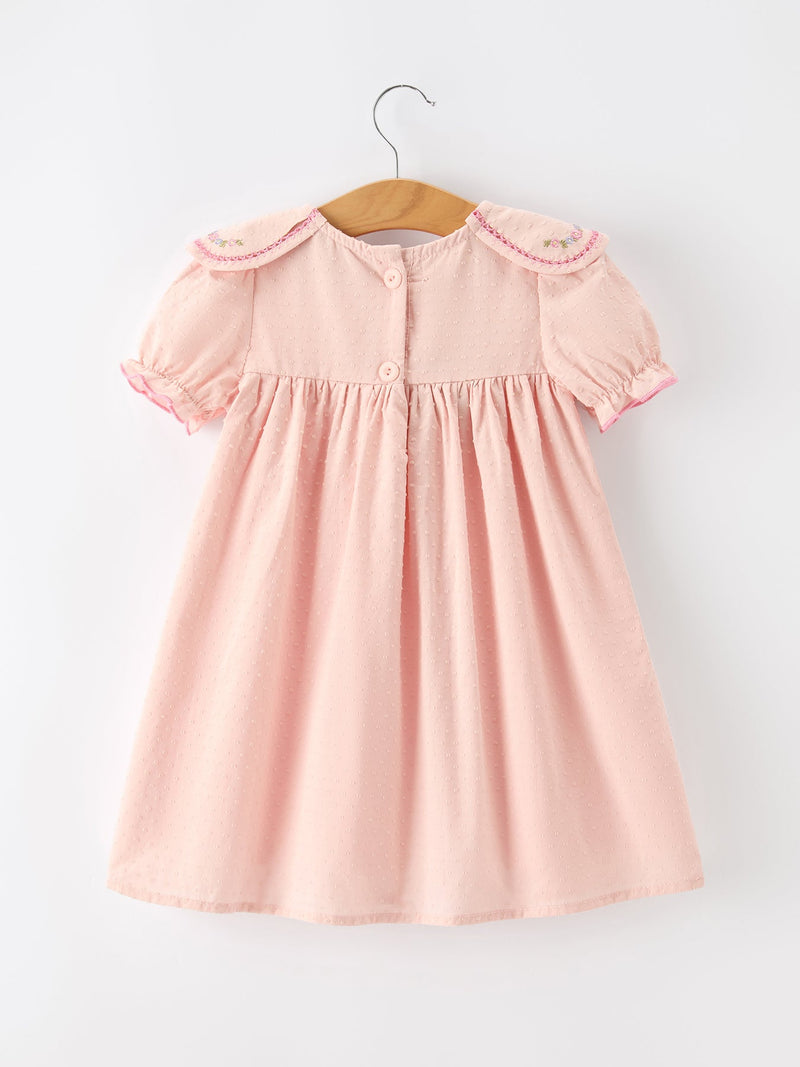 Fall Baby Girl Pink Floral Embroidered Peter Pan Collar Dress - 2