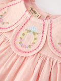 Fall Baby Girl Pink Floral Embroidered Peter Pan Collar Dress - 3