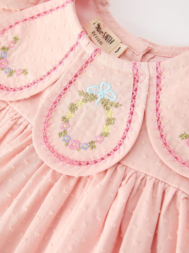 Fall Baby Girl Pink Floral Embroidered Peter Pan Collar Dress - 3